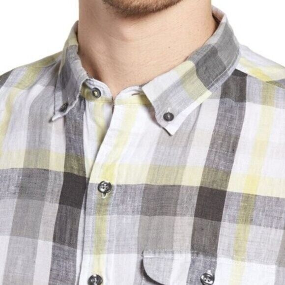 New Michael Bastian Linen Shirt Size S Gray Yellow Plaid Button down Casual S/S - Picture 1 of 8